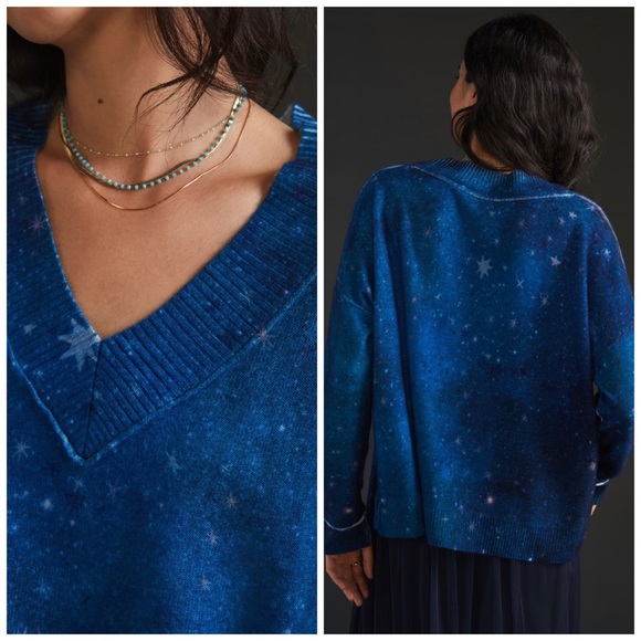 LAST CALL Anthropologie Pilcro V-Neck Navy Star Print Cashmere Sweater NWT XS/S - Picture 3 of 11